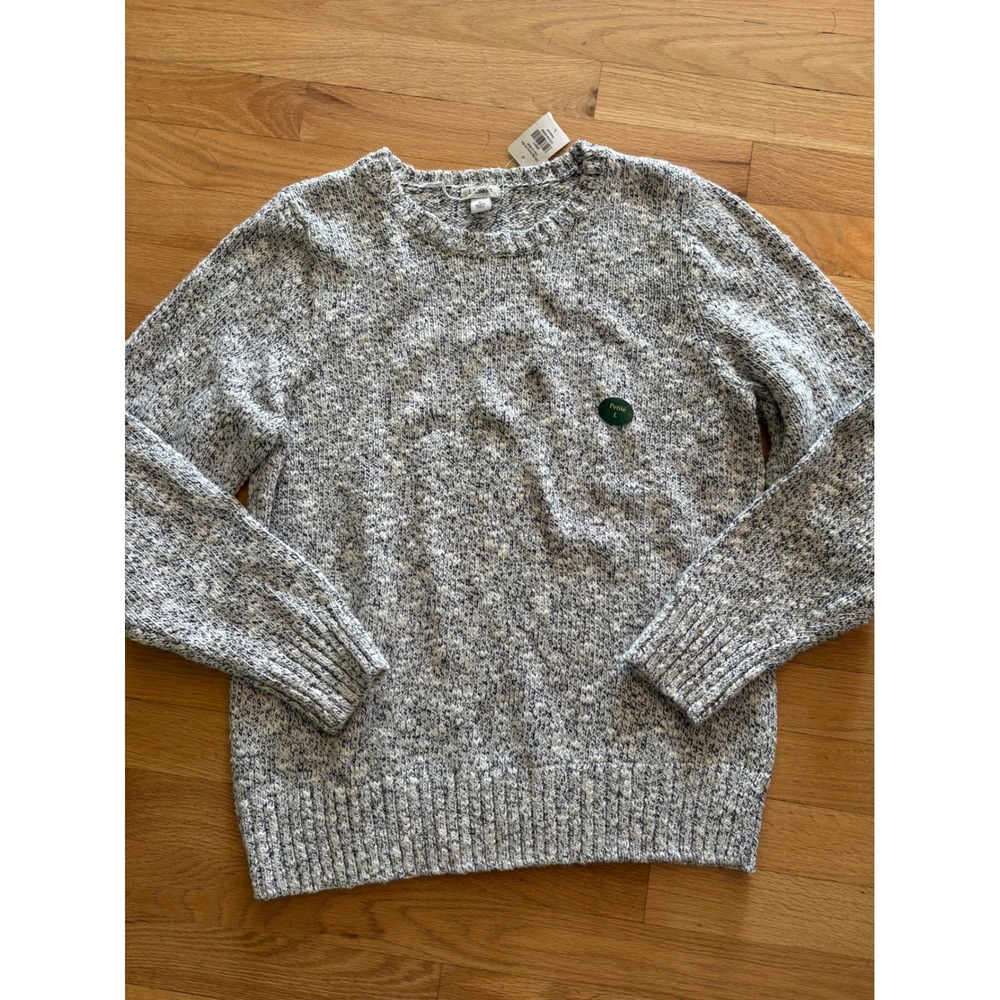 LL Bean Womens Petite L Marl Knit Cotton Crewneck Sweater Blue White 503411